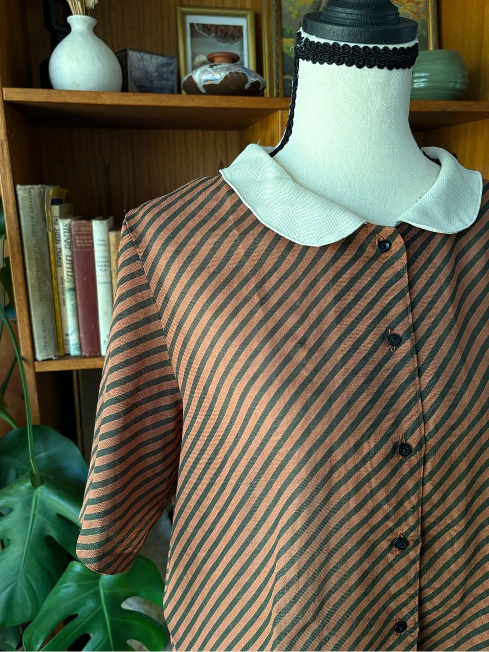 80s Vintage Stripe Peter Pan Collar Blouse M - Picture 3 of 6